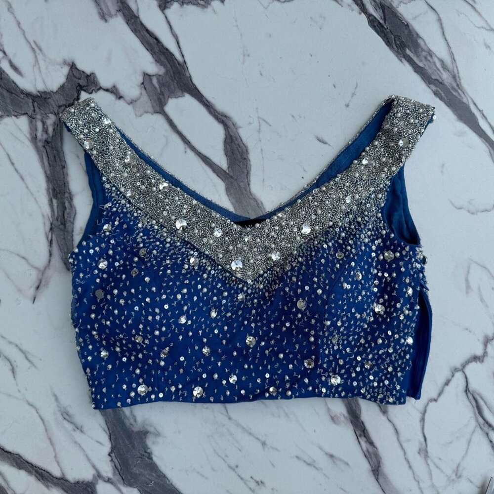 Blue and Silver Blouse, Sari and Shawl Set